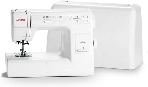 Janome HD-3000 Mechanical Sewing Machine with included hard cover, highlighting its strong aluminum frame and compact design.