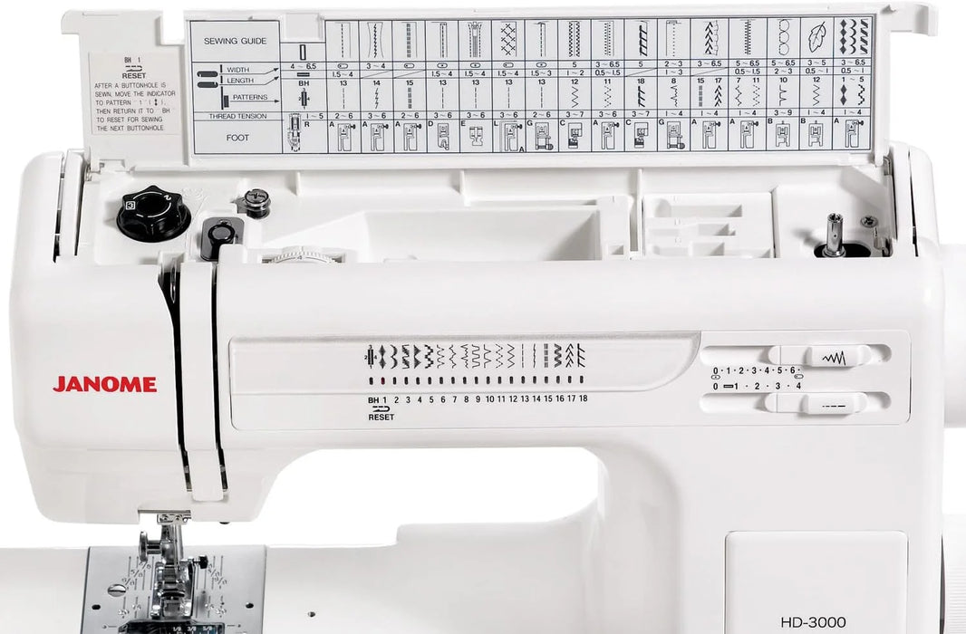Janome HD-3000 sewing machine with top tray open, displaying built-in sewing guide, stitch options, and accessory storage.