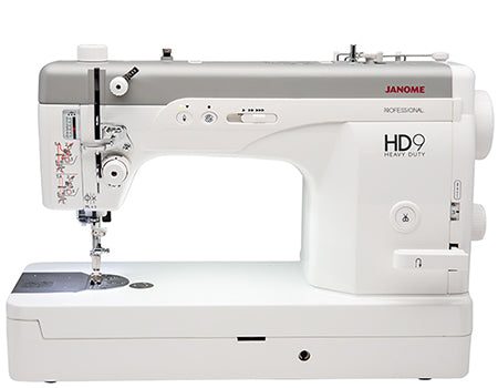Janome HD9V2 Professional Sewing Machine front view showcasing heavy-duty metal construction and high-speed straight-stitch design.