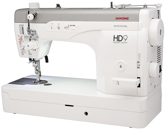 Side perspective of the Janome HD9V2 heavy-duty straight-stitch machine designed for high-speed professional sewing.