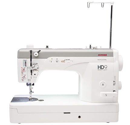 Front view of Janome HD9V2 Professional Heavy Duty Sewing Machine with telescopic thread stand extended.