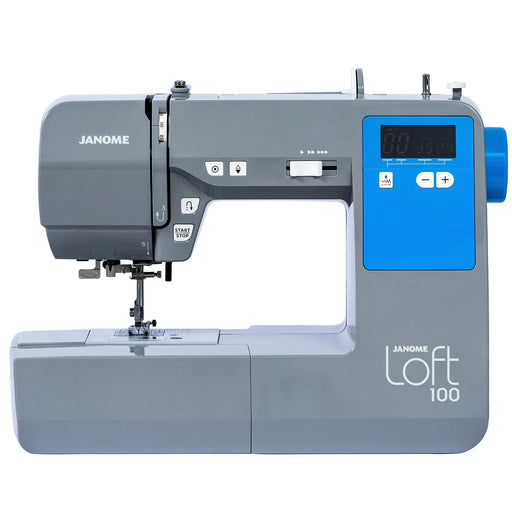 Janome Loft 100 computerized sewing machine front view with LCD screen and stitch controls