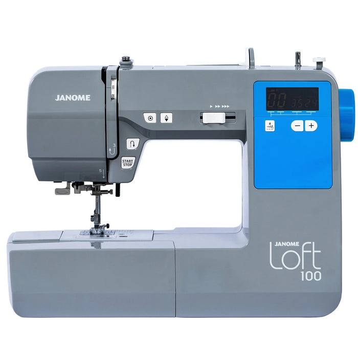 Janome Loft 100 computerized sewing machine front view with LCD screen and stitch controls