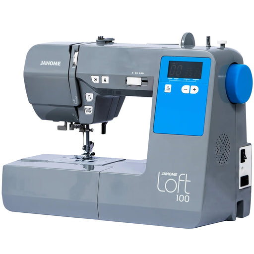 Janome Loft 100 sewing machine angled side view showing control panel, needle area, and modern design