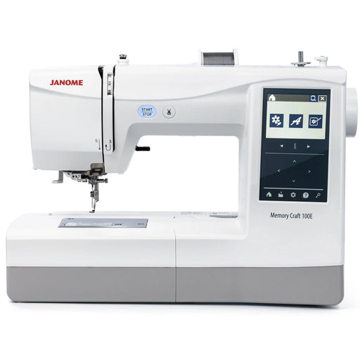 Janome Memory Craft 100E embroidery machine front view with touchscreen display and needle assembly, advanced home embroidery machine.