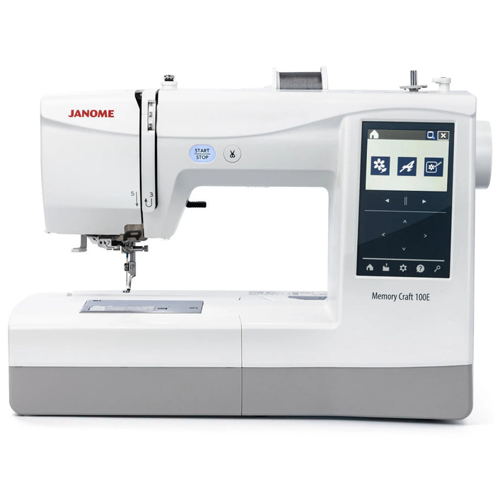 Janome Memory Craft 100E embroidery machine front view with touchscreen display and needle assembly, advanced home embroidery machine.