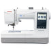 Janome Memory Craft 100E embroidery machine front view with touchscreen display and needle assembly, advanced home embroidery machine.