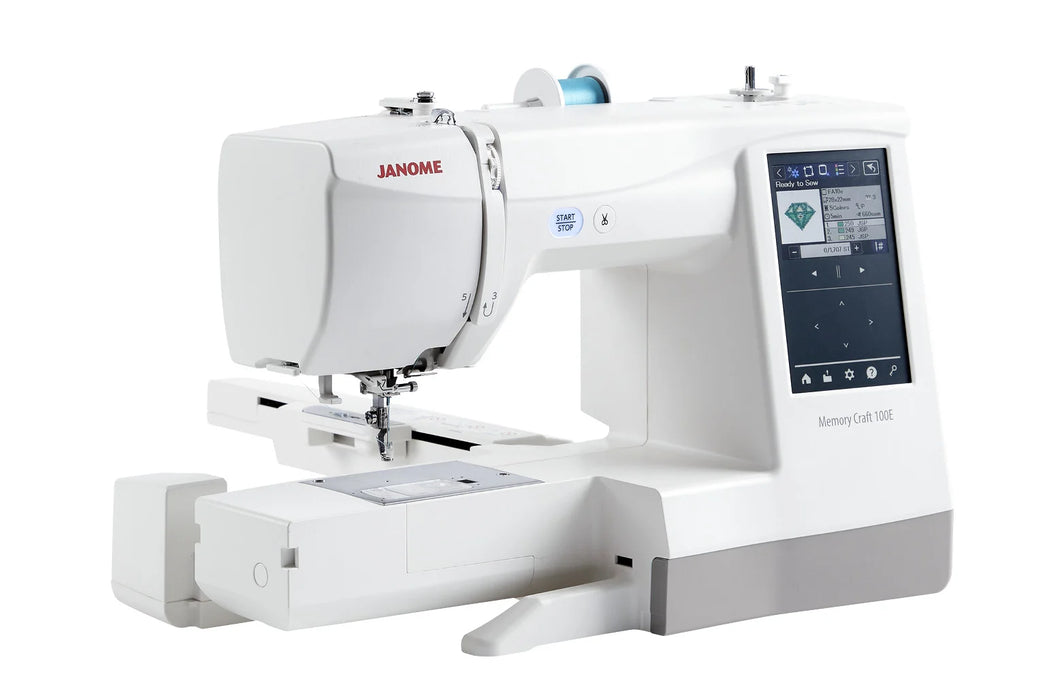 Janome Memory Craft 100E embroidery machine side view with thread spool and spacious embroidery workspace for detailed stitching.