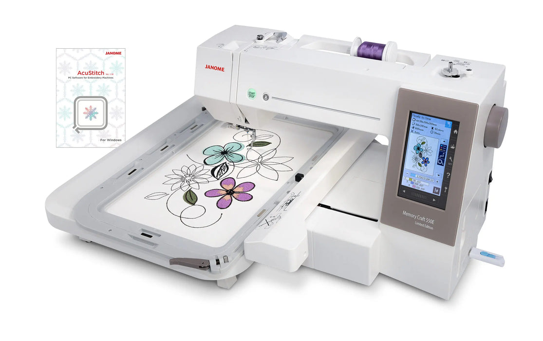 Janome MC550E Limited Edition embroidery machine with large hoop installed and AcuStitch software box shown beside it.