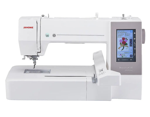 Janome Memory Craft 550E Limited Edition embroidery machine front view with touchscreen display and extra-large embroidery workspace.