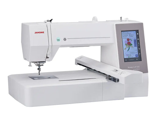 Angle view of Janome MC550E Limited Edition embroidery machine showing extended embroidery area and intuitive full-color screen.
