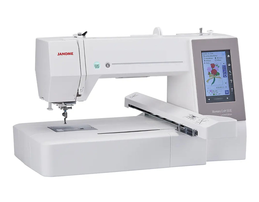 Angle view of Janome MC550E Limited Edition embroidery machine showing extended embroidery area and intuitive full-color screen.