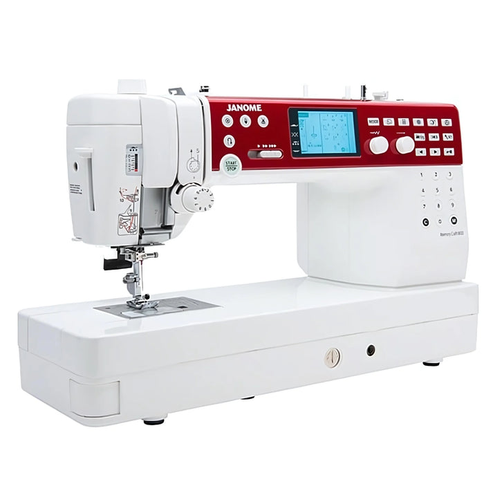 Janome MC6650 sewing and quilting machine side angle highlighting digital display, stitch selector, and precision sewing platform
