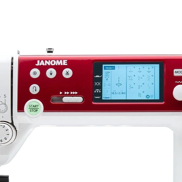 Close-up of Janome MC6650 LCD stitch screen and navigation buttons for computerized sewing functions