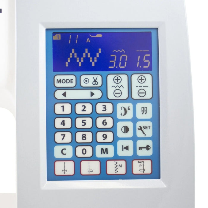 Close-up of the Janome Memory Craft 8200QCP SE LCD screen and control panel displaying stitch settings and digital features.