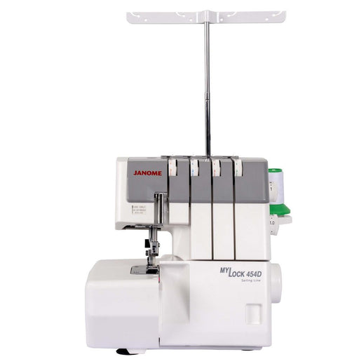 Janome MyLock 454D Sailing Line Serger Machine front view with four-thread tension dials and telescopic thread stand.
