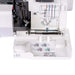 Lower looper area of the Janome MyLock 454D serger with detailed threading diagram and access panel open.