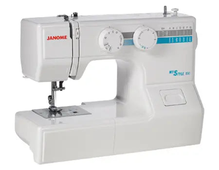 Janome MyStyle 100 sewing machine with built-in stitches and manual dials on a white compact frame.