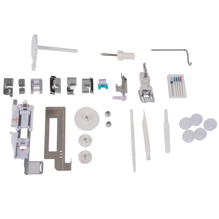 Complete accessory set included with the Janome Skyline S6 Anniversary Edition, featuring presser feet, tools, and sewing components.