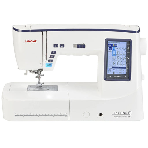 Janome Skyline S7 Anniversary Edition sewing machine front view with LCD color touchscreen and stitch selection panel.advanced controls.