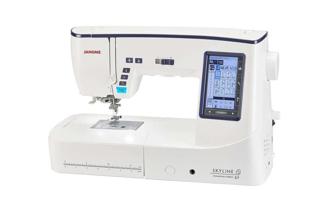 Janome Skyline S7 Anniversary Edition computerized sewing machine featuring AcuFeed Flex and user-friendly interface.