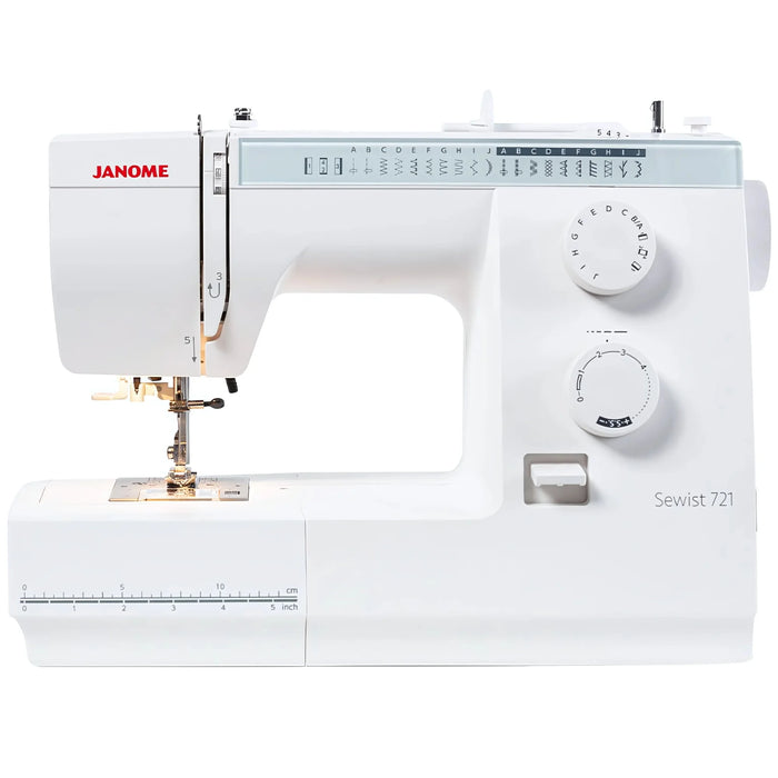 Janome Sewist 721S sewing machine front view showing stitch panel, controls, and needle area for beginner and everyday sewing projects.