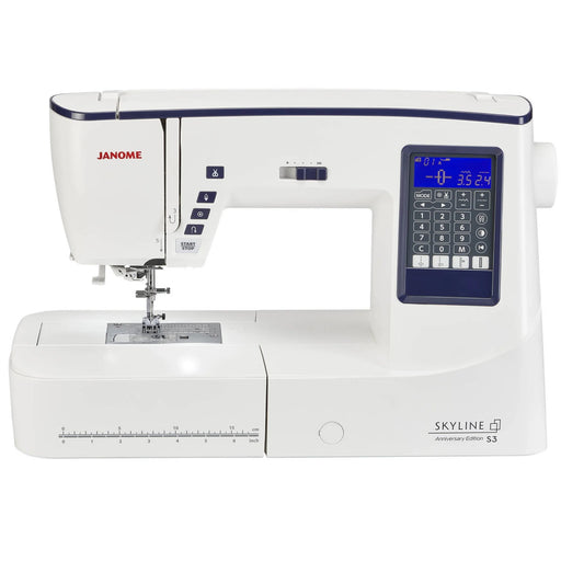 Janome Skyline S3 Anniversary Edition sewing machine front view with LCD screen and extended workspace.