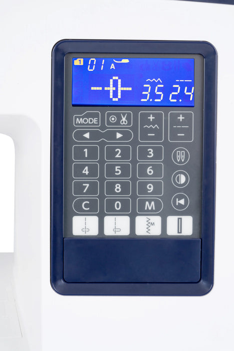 Close-up of Janome Skyline S3 Anniversary Edition digital control panel displaying stitch settings.