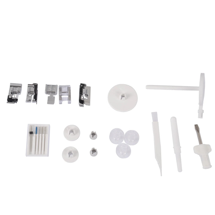 Included accessories for the Janome Skyline S3 Anniversary Edition sewing machine featuring presser feet, needles, and tools.