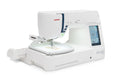Janome Skyline S9 embroidery machine in action with hoop attachment and wireless design display on screen.