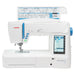 Janome Skyline S9 sewing machine with top stitch chart open, highlighting extensive built-in stitches and touchscreen interface.