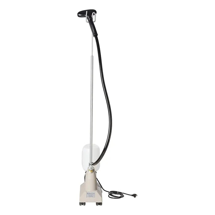 Front view of the Jiffy J-2 fabric steamer with long steam hose and upright pole on rolling base