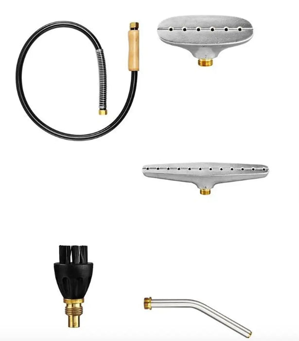 Jiffy 0511 J-2I I-Head kit components including hose, wide metal heads, detail nozzle, and steam brush attachment.
