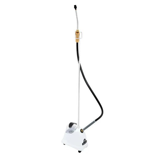 Jiffy J-2000B residential cleaning steamer with long handle and brush head attachment shown upright on wheels.