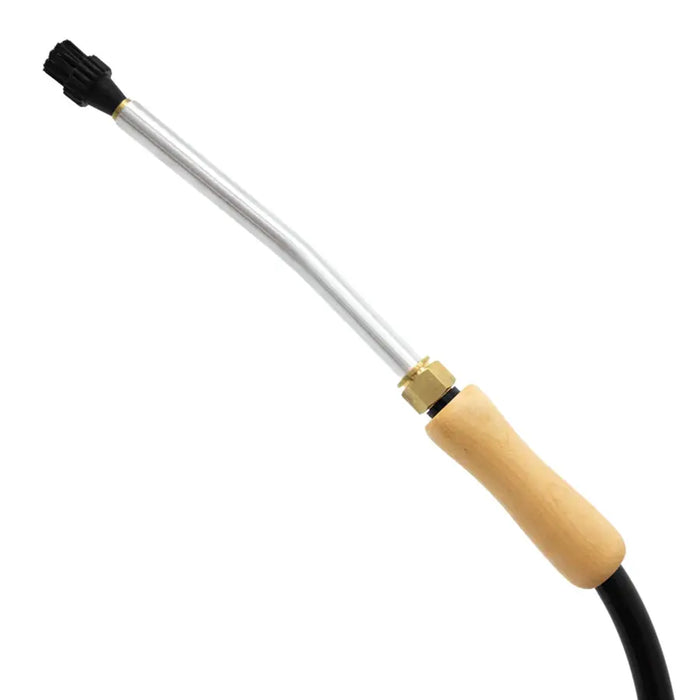 Close-up of the Jiffy J-2000B steamer brush head attachment with wooden handle and angled nozzle.