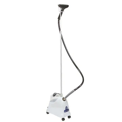 Jiffy 1221 J-2000 clothing steamer with plastic steam head, standing full-length on caster wheels with hose and metal rod assembly, professional garment steamer for fast wrinkle removal.