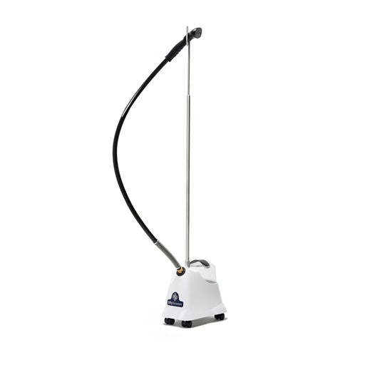 Side angle of the Jiffy J-2000S garment steamer showing hose, pole, and base unit