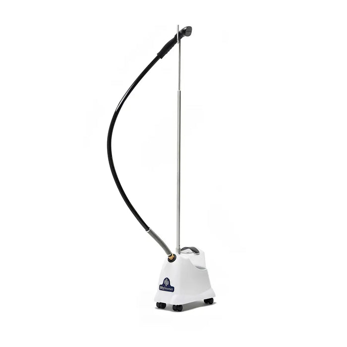 Side angle of the Jiffy J-2000S garment steamer showing hose, pole, and base unit