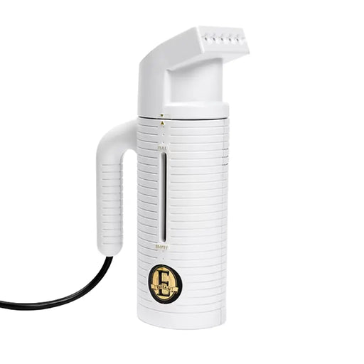 Jiffy ESTEAM White Travel Steamer with universal voltage converter, compact handheld garment steamer for wrinkle removal and international travel.