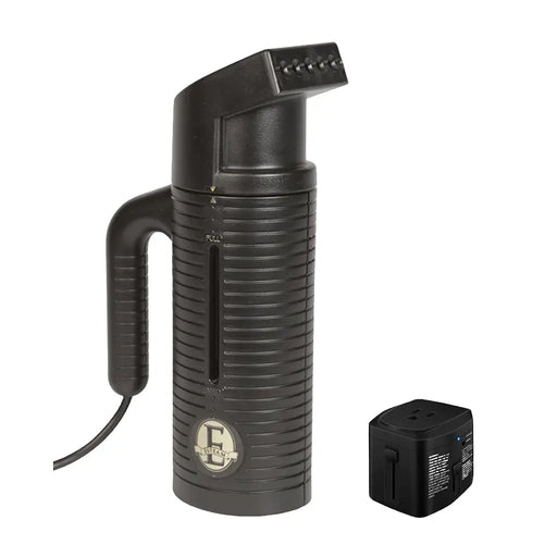 Jiffy ESTEAM Black Handheld Travel Steamer with universal voltage converter, portable garment steamer for wrinkle removal and international travel.