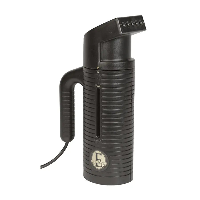 Jiffy ESTEAM Black Handheld Travel Steamer with universal voltage converter, portable garment steamer for wrinkle removal and international travel.