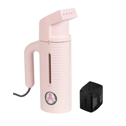 Jiffy ESTEAM Pink Travel Steamer shown with included universal voltage converter, portable garment steaming set for international travel.