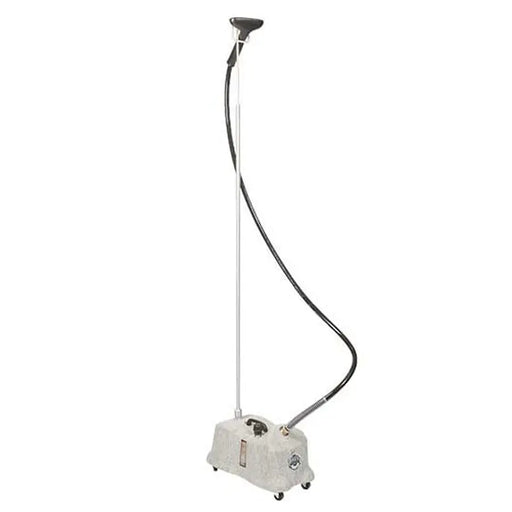 Side angle of the Jiffy J4000Ds Pro-Line Drapery Steamer showing hose, pole, and base unit