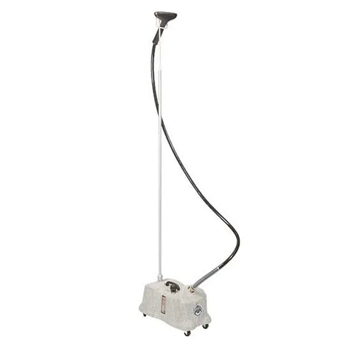 Side angle of the Jiffy J4000Ds Pro-Line Drapery Steamer showing hose, pole, and base unit