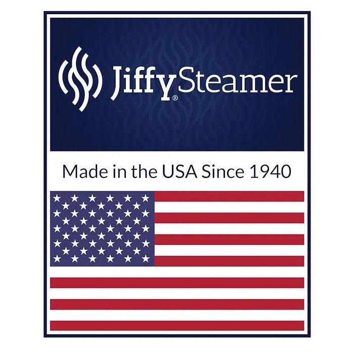 Jiffy Steamer Made in the USA logo highlighting American-made garment steamers since 1940.