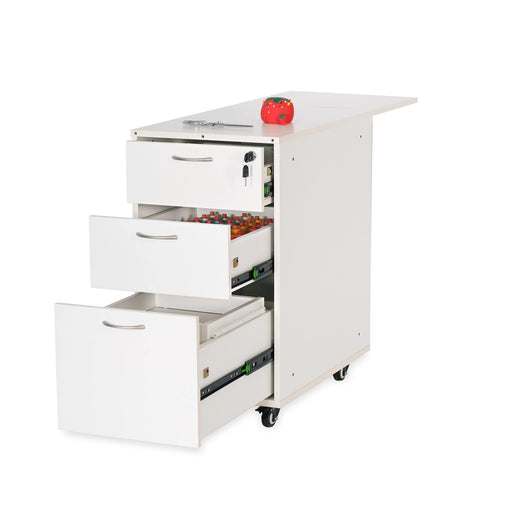 Kangaroo Adelaide Storage Cabinet K4731 in Ash White with drawers open showing thread storage and collapsible quilt leaf for sewing organization.