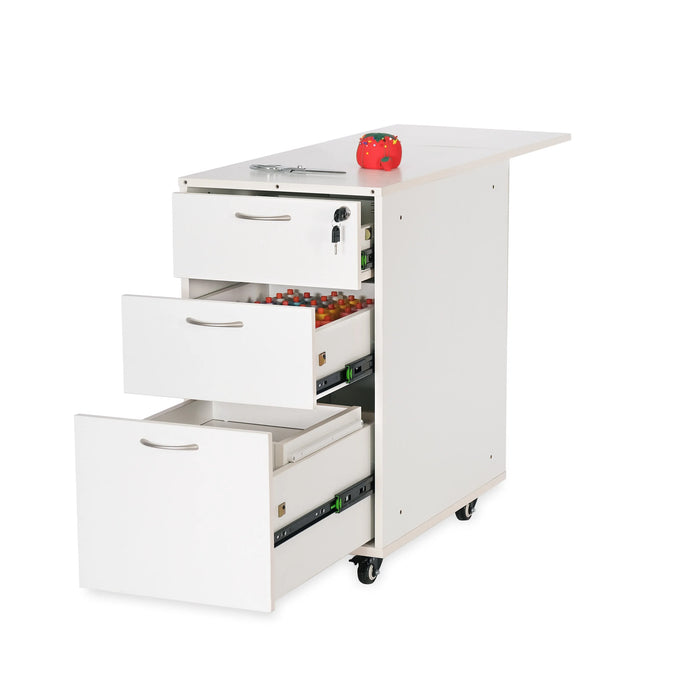 Kangaroo Adelaide Storage Cabinet K4731 in Ash White with drawers open showing thread storage and collapsible quilt leaf for sewing organization.