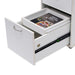 Bottom drawer of Kangaroo Adelaide Storage Cabinet K4731 open with removable accessory tray holding quilting book for organized storage.