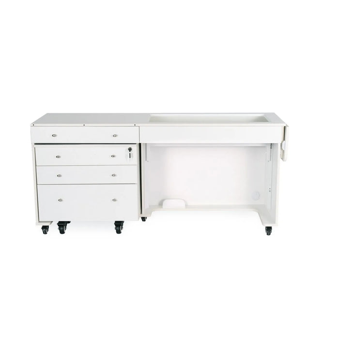 Kangaroo & Joey XL Sewing Cabinet in Ash White shown with sewing machine removed, highlighting the large machine opening and spacious cabinet layout.