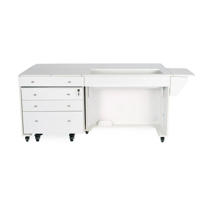 Compact closed view of Kangaroo & Joey XL Sewing Cabinet in Ash White with fold-down leaves and Joey rolling drawer unit tucked underneath.